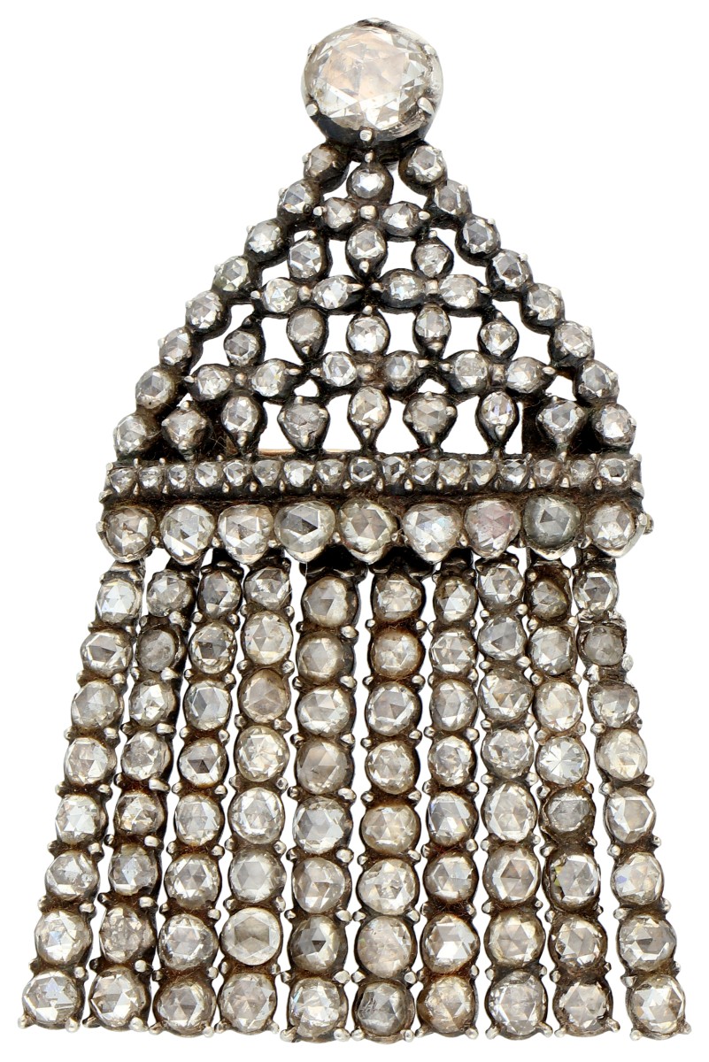 Goudwisselkantoor auction: Gouden/zilveren antieke broche/hanger met diamant