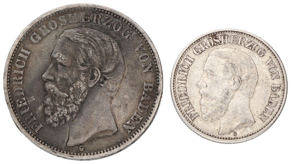 Goudwisselkantoor auction: German States. Baden. Friedrich I. Lot (2) 2 & 5 Mark. Average VF