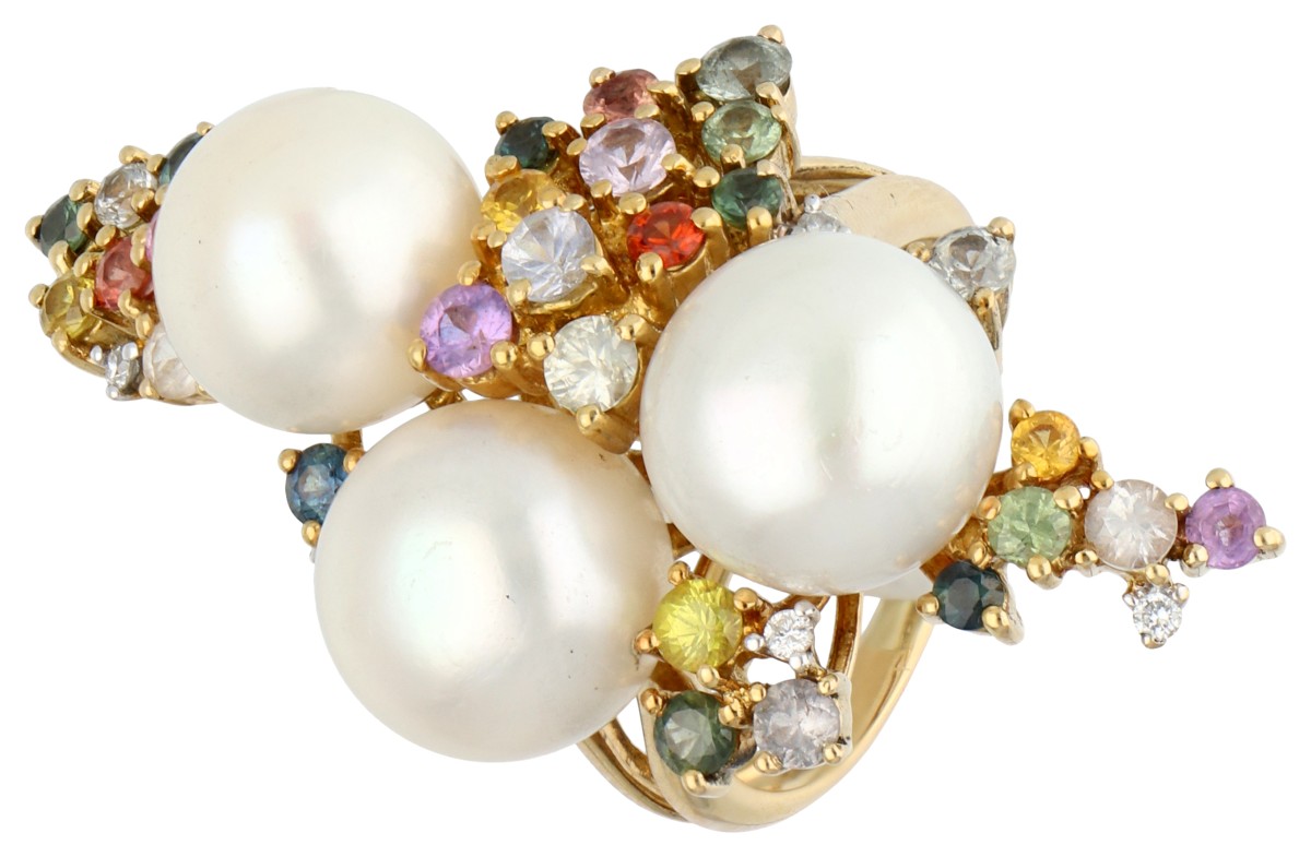 18K Geelgouden ring met parel, diamant en diverse edelstenen