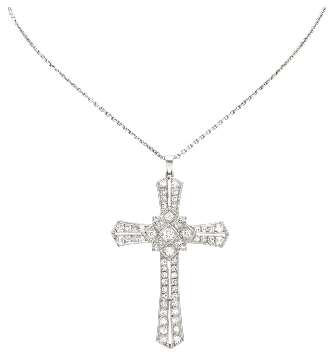 Platina collier met kruis hanger bezet met ca. 1.51 ct. diamant