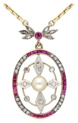 10 karaat collier  met parel, diamant en robijn