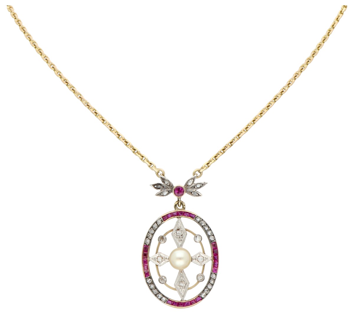 10 karaat collier  met parel, diamant en robijn