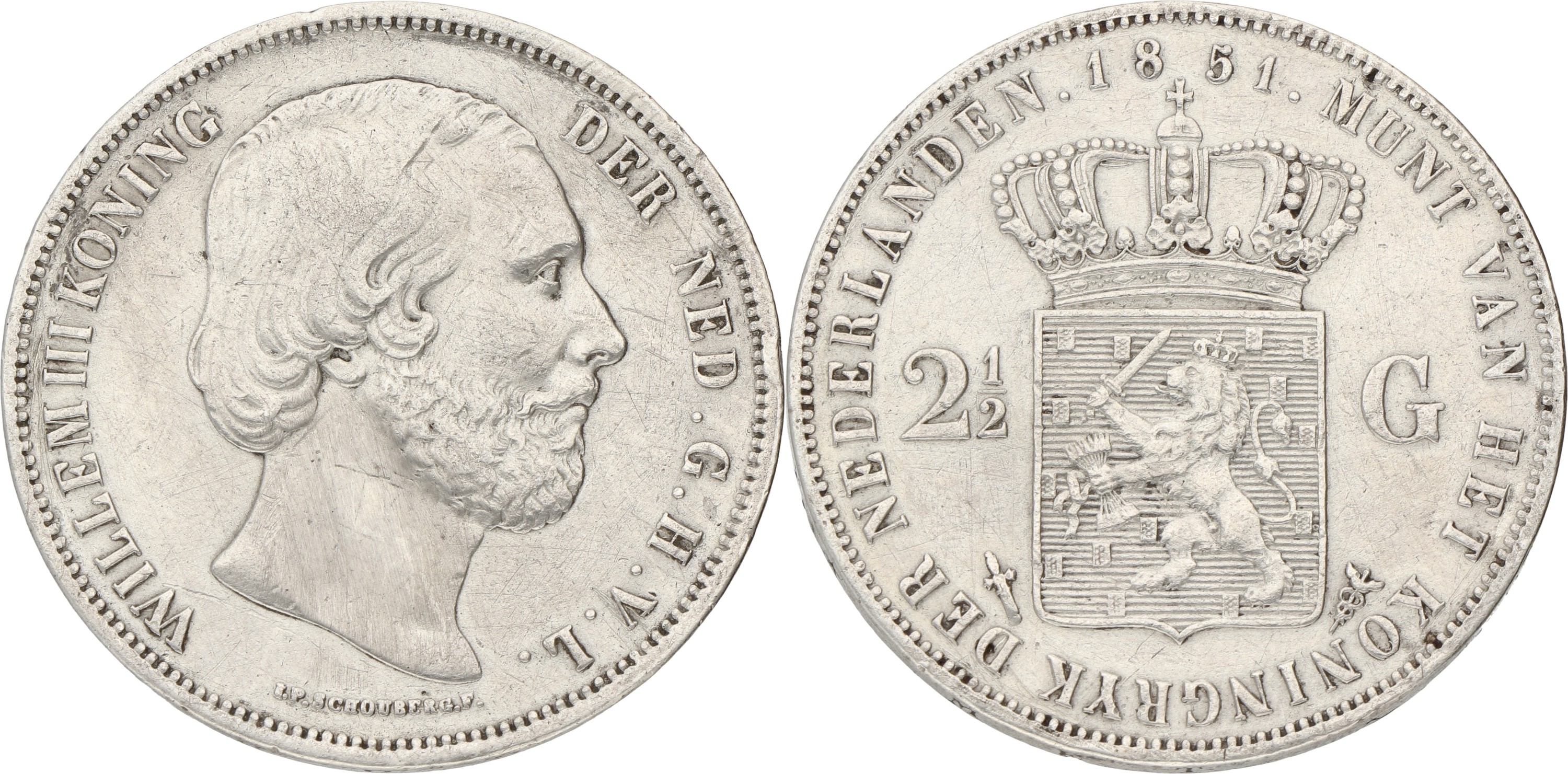 Goudwisselkantoor auction: 2½ Gulden. Willem III. 1851A. Without dot between I & P. VF +.