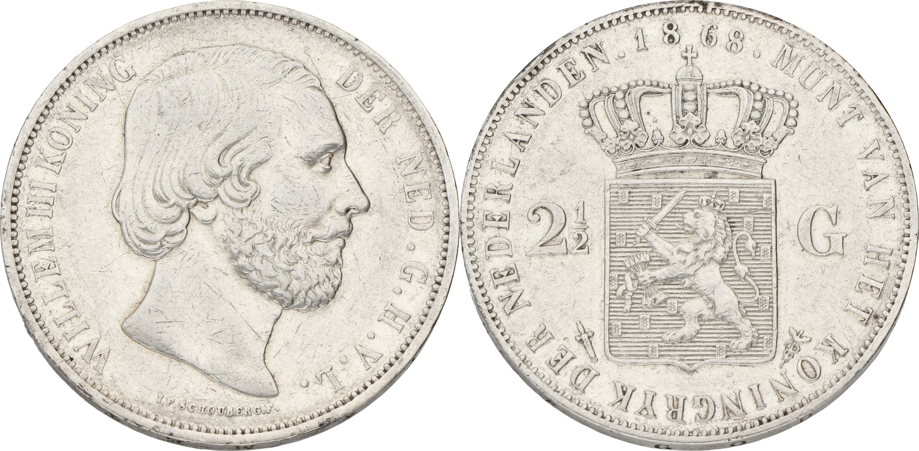 Goudwisselkantoor auction: 2½ Gulden. Willem III. 1868. VF +.
