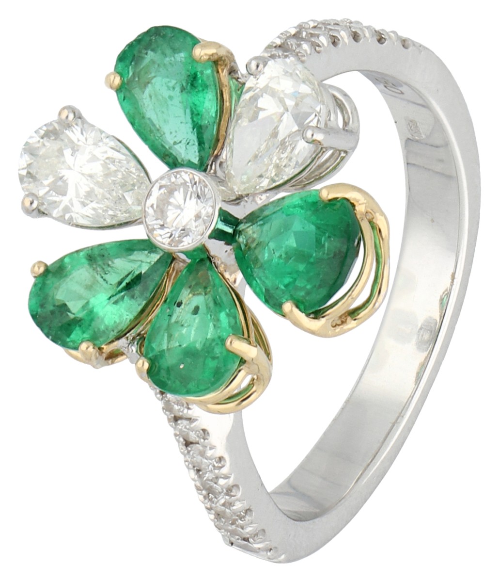 18K witgouden ring bezet met diamant en smaragd