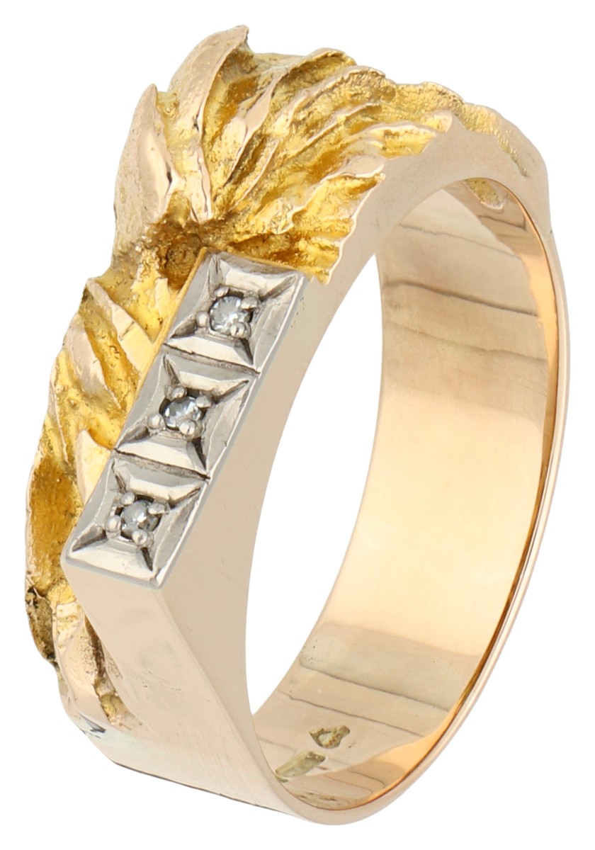 14K geelgouden Finse design ring bezet met ca. 0.02 ct. diamant