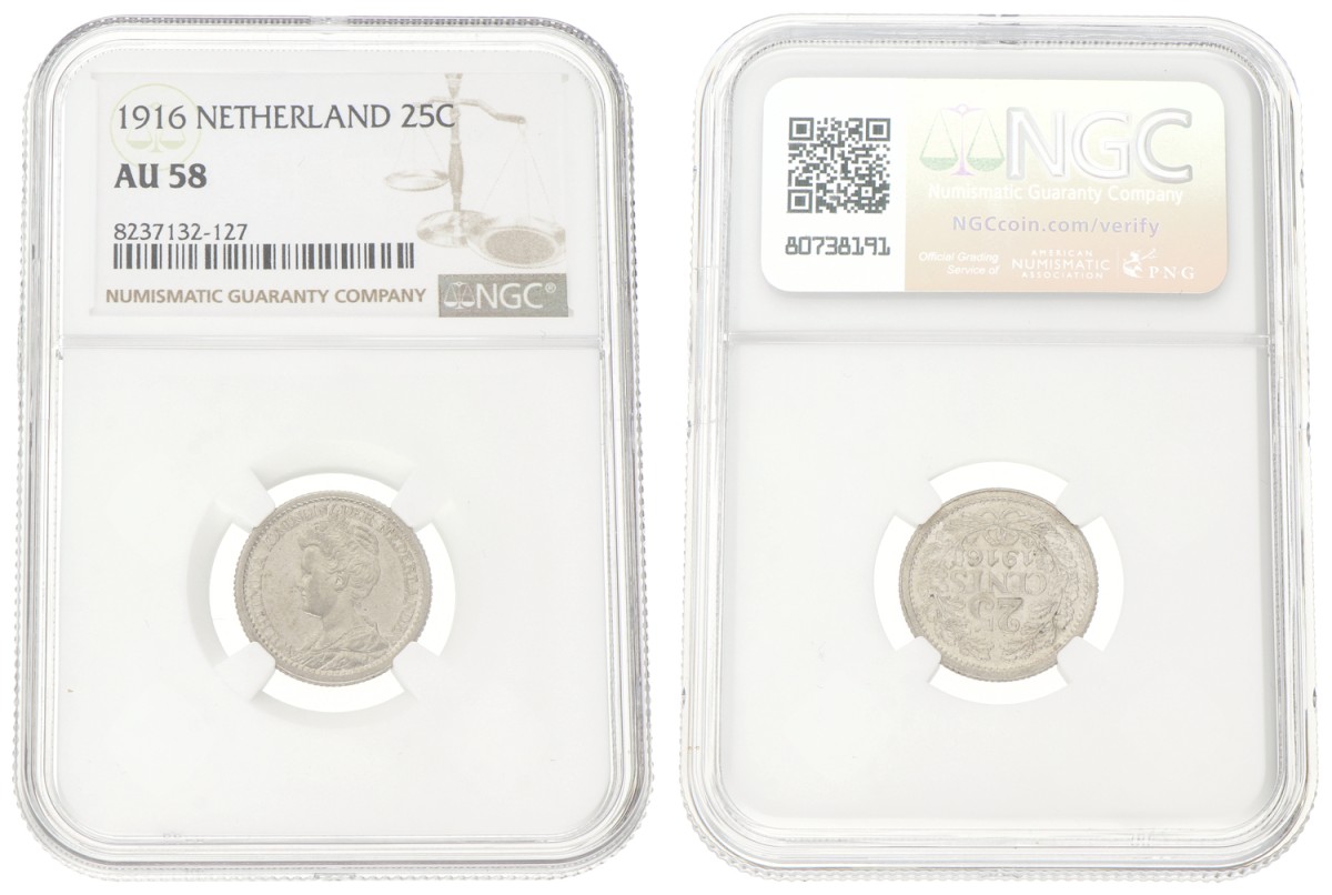 Goudwisselkantoor auction: 10 Cent. Wilhelmina. 1916. NGC graded. AU 58