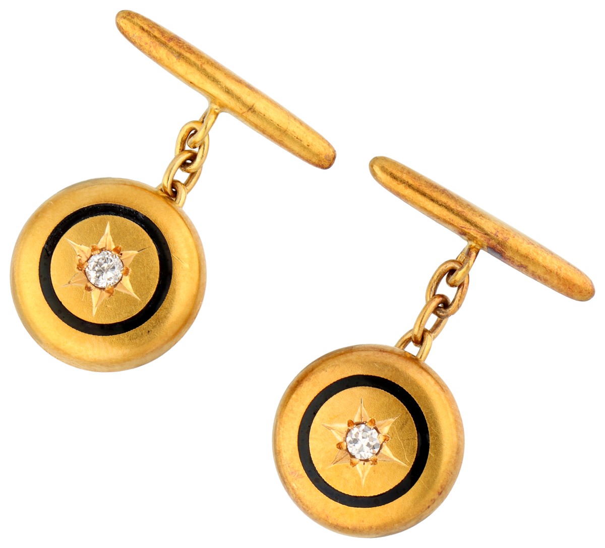 18K geelgouden manchetknopen bezet met ca. 0.12 ct. diamant en emaille