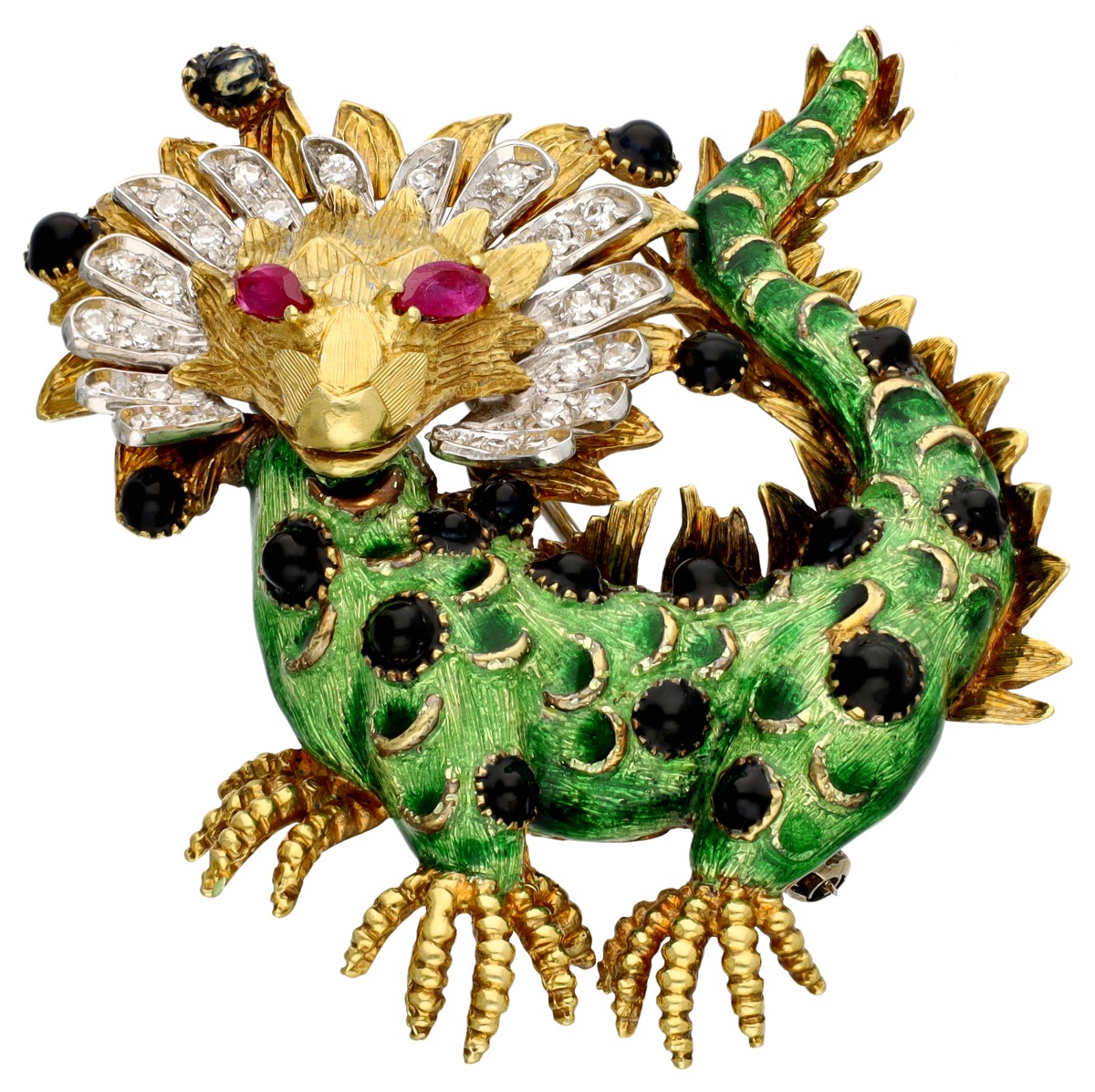 14K geelgouden draken broche bezet met ca. 0.26 ct. diamant, robijn en emaille