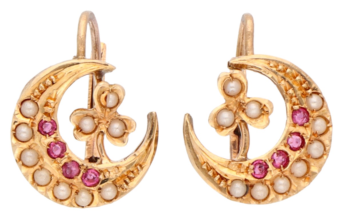 14K geelgouden oorhangers met robijn en zaadparel