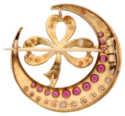 14K geelgouden broche met robijnen en zaadparels