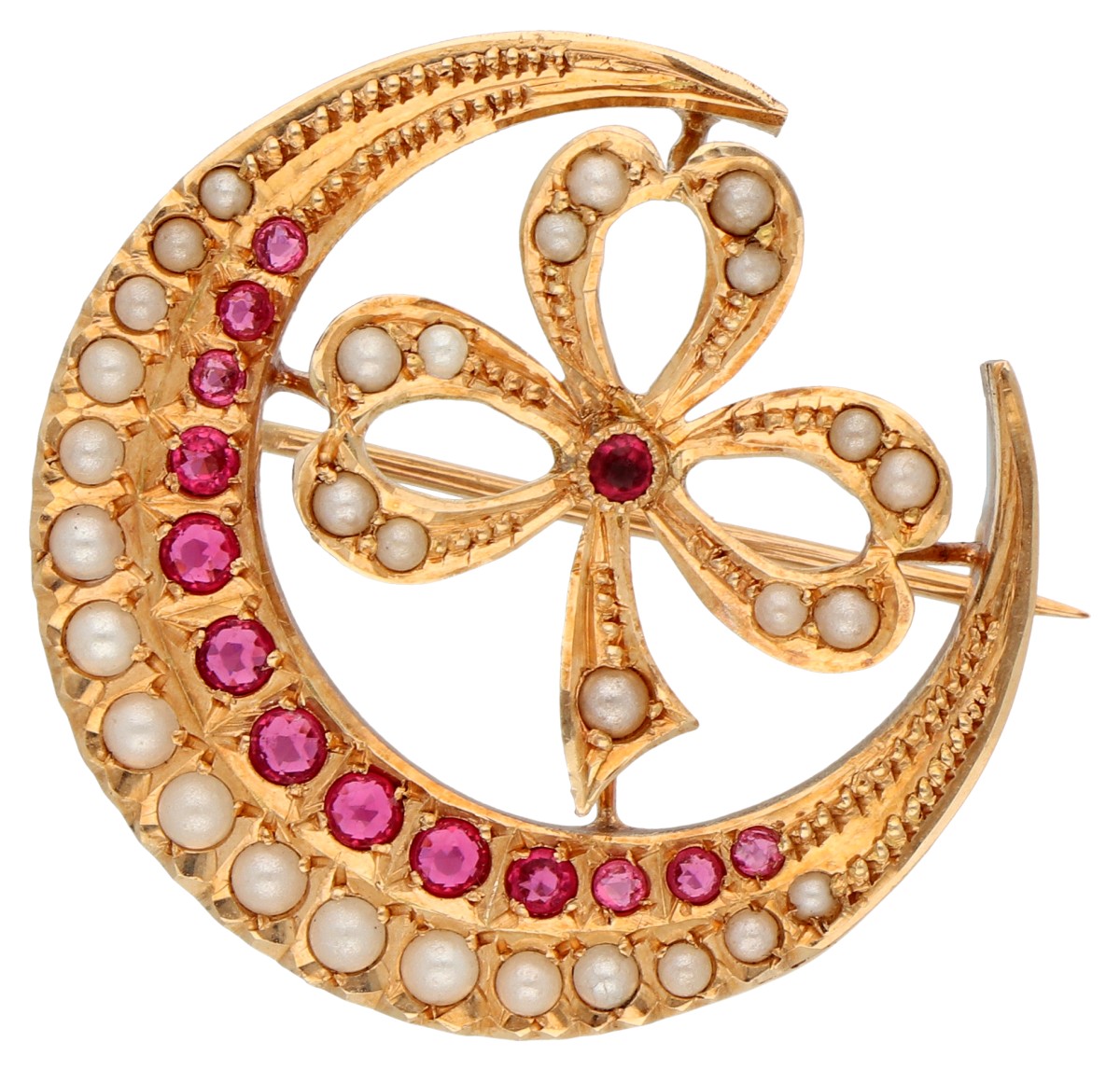 14K geelgouden broche met robijnen en zaadparels