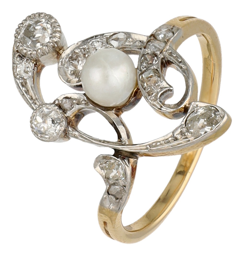 Geelgouden ring met diamant en parel