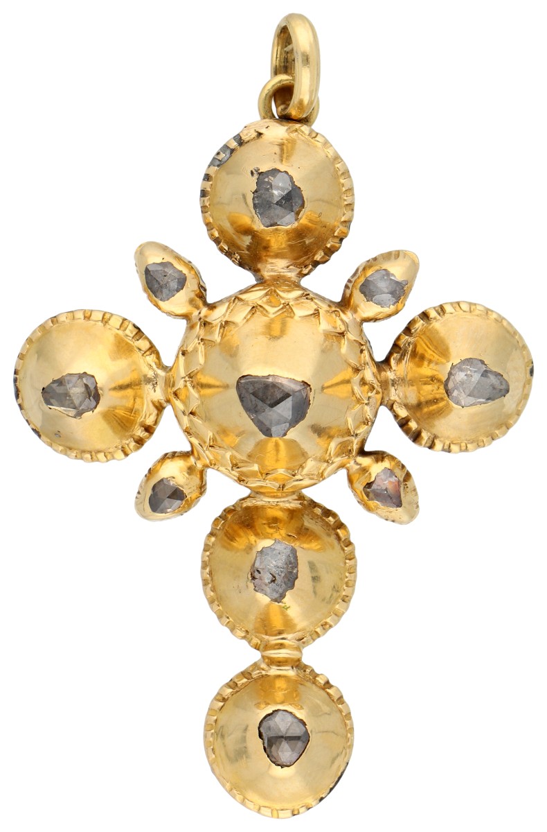 14K geelgouden kruis hanger met roos geslepen diamant