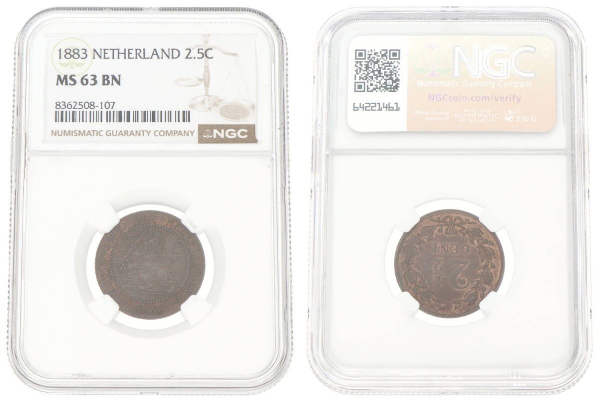 Goudwisselkantoor auction: 2½ Cent. Willem III. 1883. NGC graded. MS 63