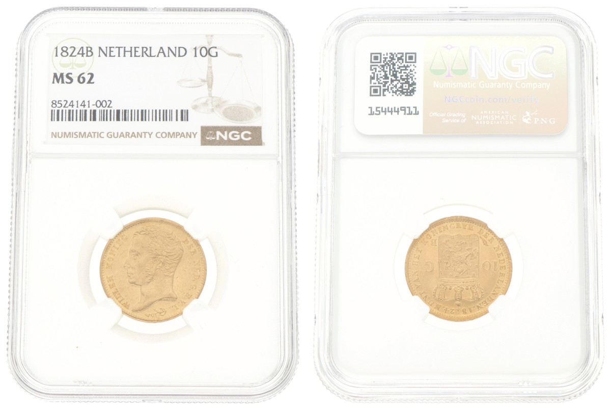 Goudwisselkantoor auction: 10 Gulden. Willem I. 1824 B. NGC graded. MS 62