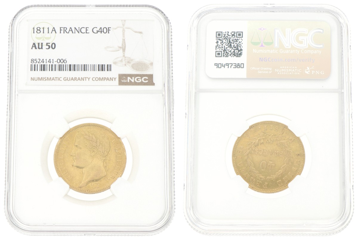 Goudwisselkantoor auction: France. Napoleon I. 40 Francs. 1811 A. NGC graded. AU 50