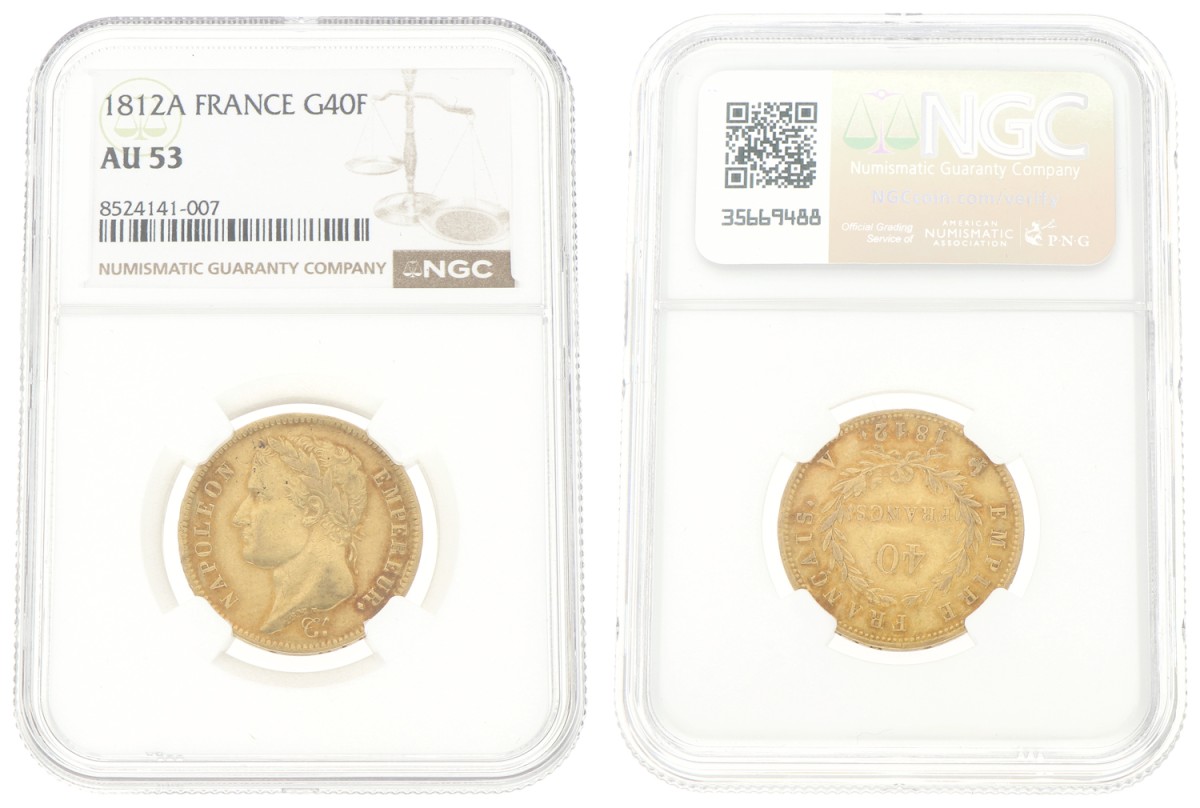 Goudwisselkantoor auction: France. Napoleon I. 40 Francs. 1812 A. NGC graded. AU 53
