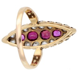 14K Geelgouden navette ring bezet met ca. 0.90 ct. diamant en robijn