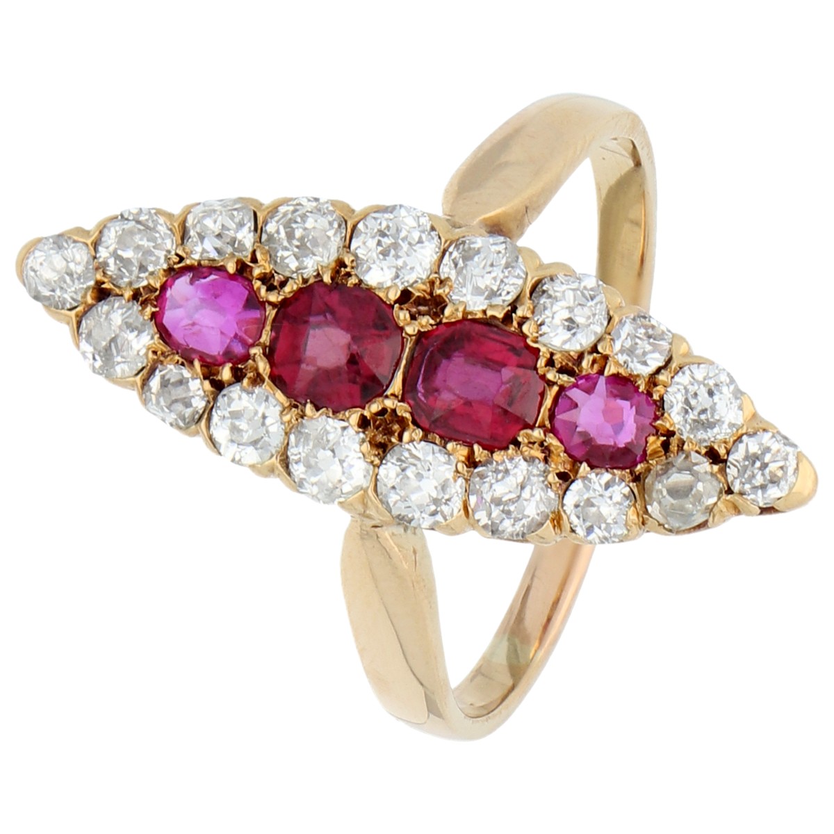 14K Geelgouden navette ring bezet met ca. 0.90 ct. diamant en robijn