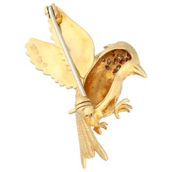 18K Geelgouden vogel broche met diamant en robijn