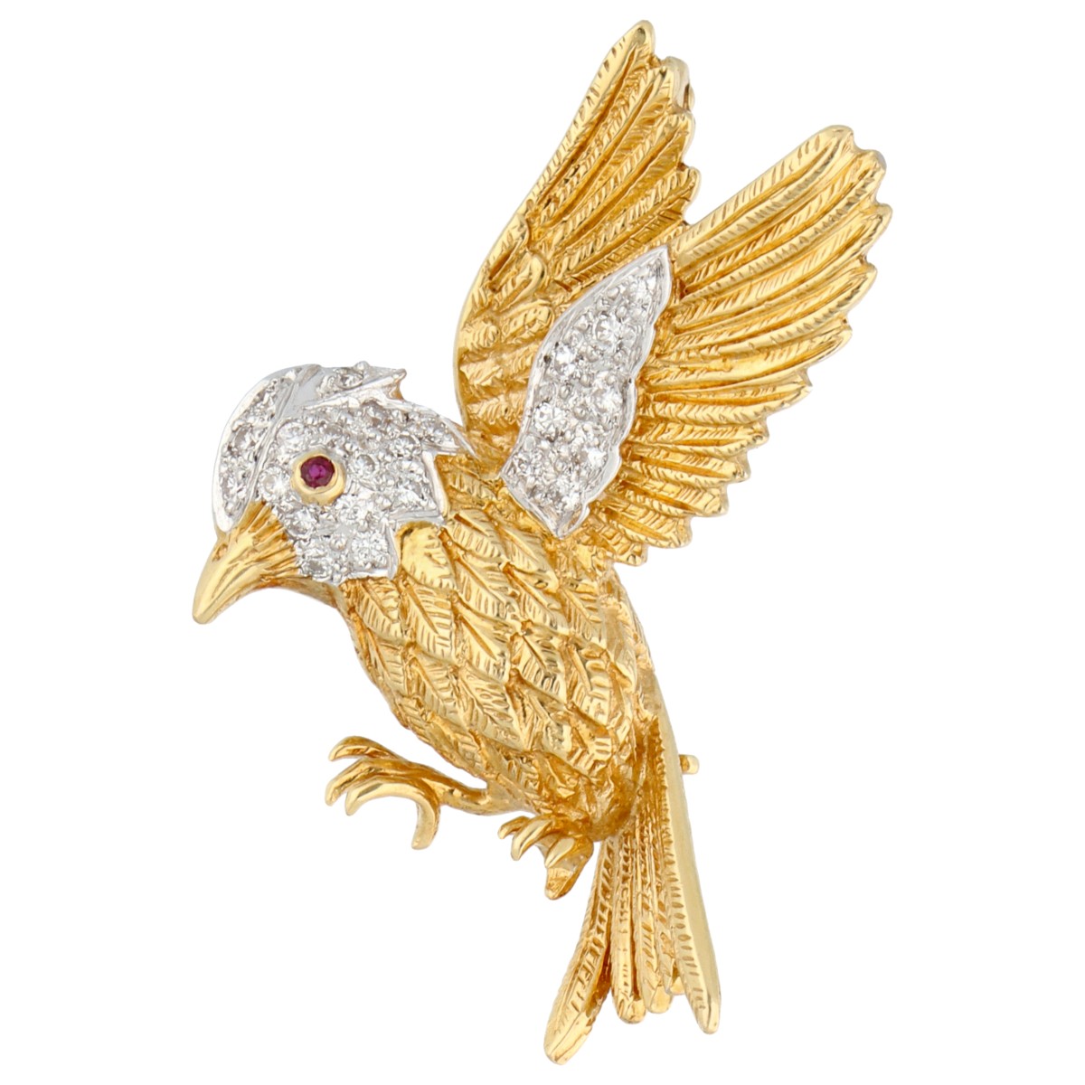 18K Geelgouden vogel broche met diamant en robijn