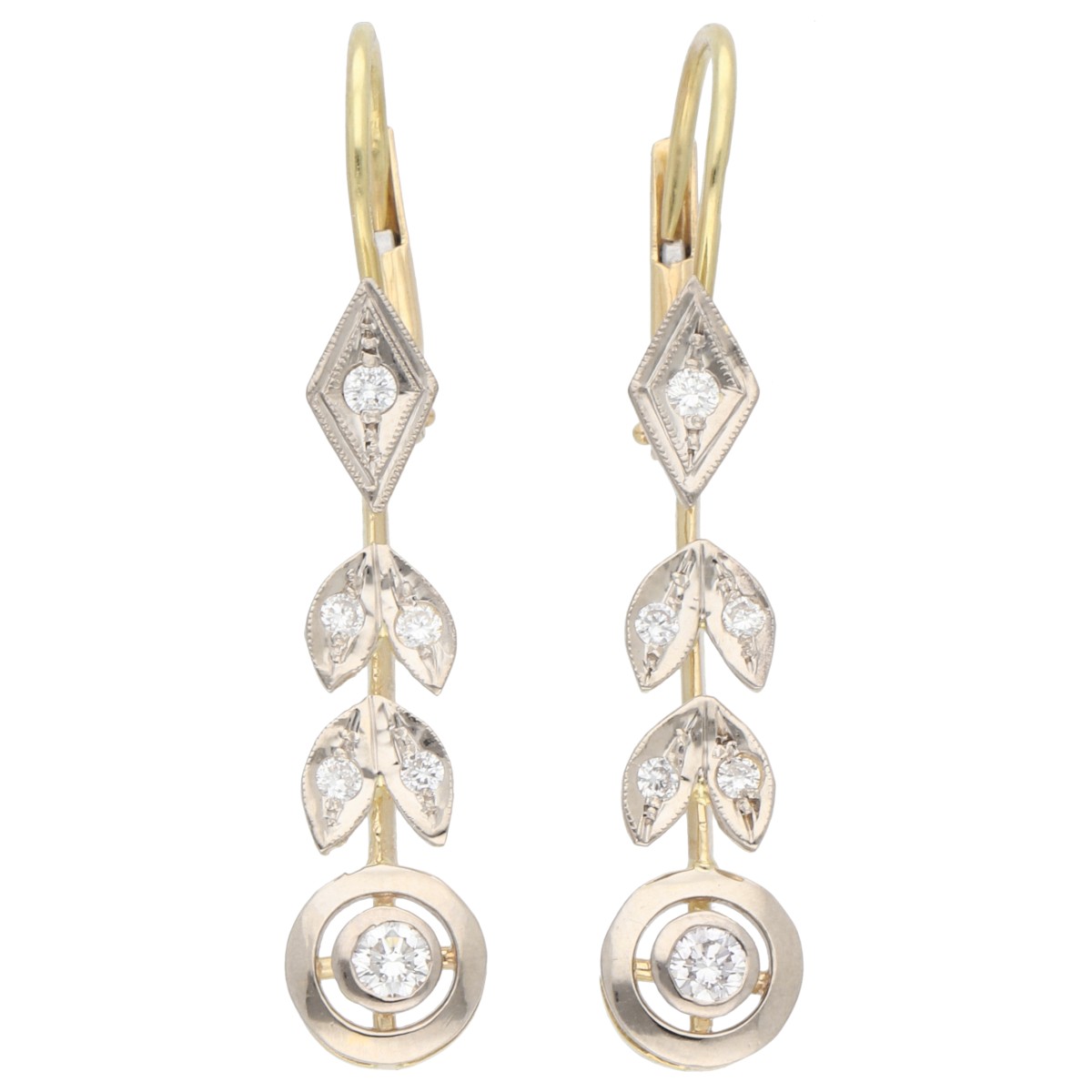 18K Geelgouden vintage oorhangers bezet met ca. 0.22 ct. diamant
