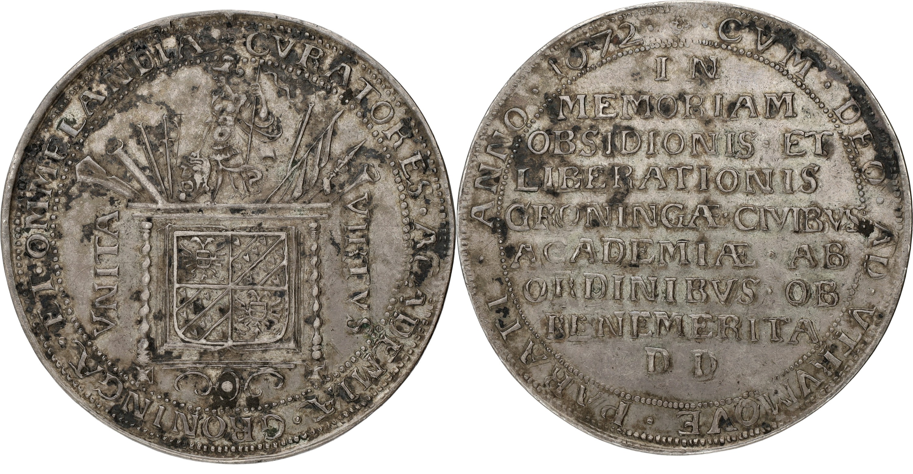 Goudwisselkantoor auction: Nederland. Groningen. 1672. Ontzet van Groningen, gegeven aan de studenten die meehielpen aan de verdediging. VF +