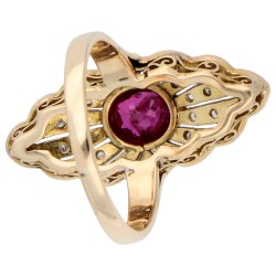 BWG geelgouden navette ring bezet met diamant en robijn