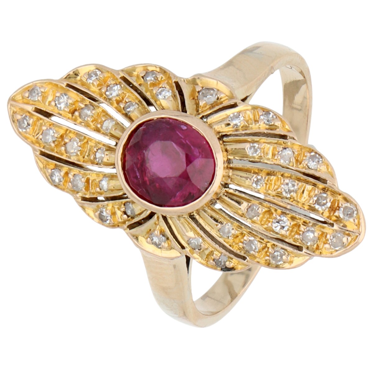 BWG geelgouden navette ring bezet met diamant en robijn