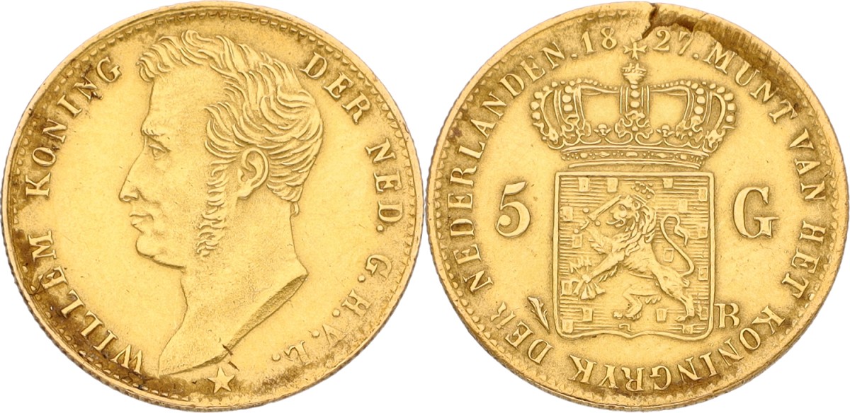 Goudwisselkantoor auction: 5 Gulden. Willem I. 1827 B. Open B. VF / XF.
