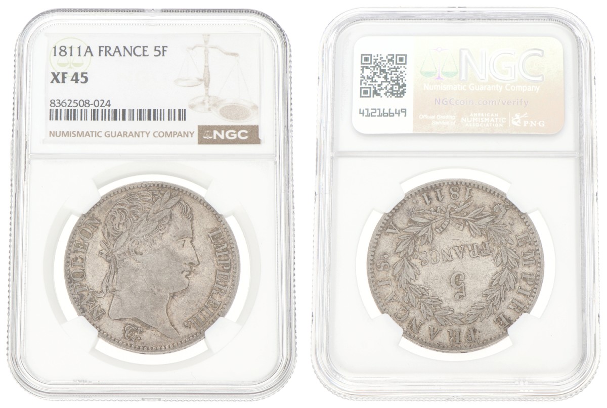 Goudwisselkantoor auction: France. Napoleon I. 5 Francs. 1811A. NGC graded. XF 45