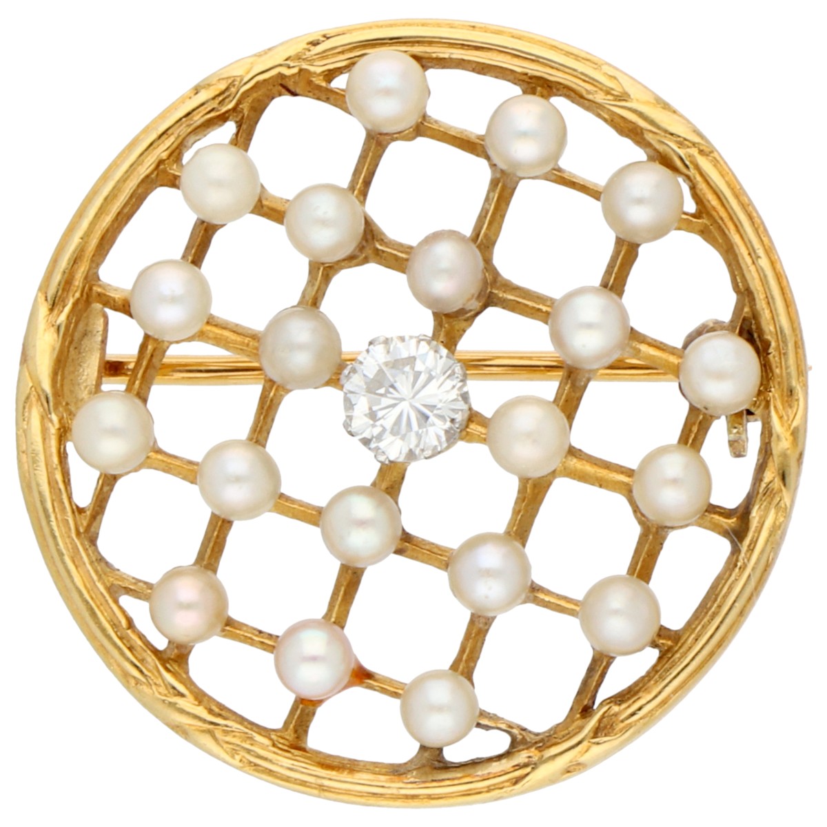 14K geelgouden broche bezet met ca. 0.20 ct. diamant en parel
