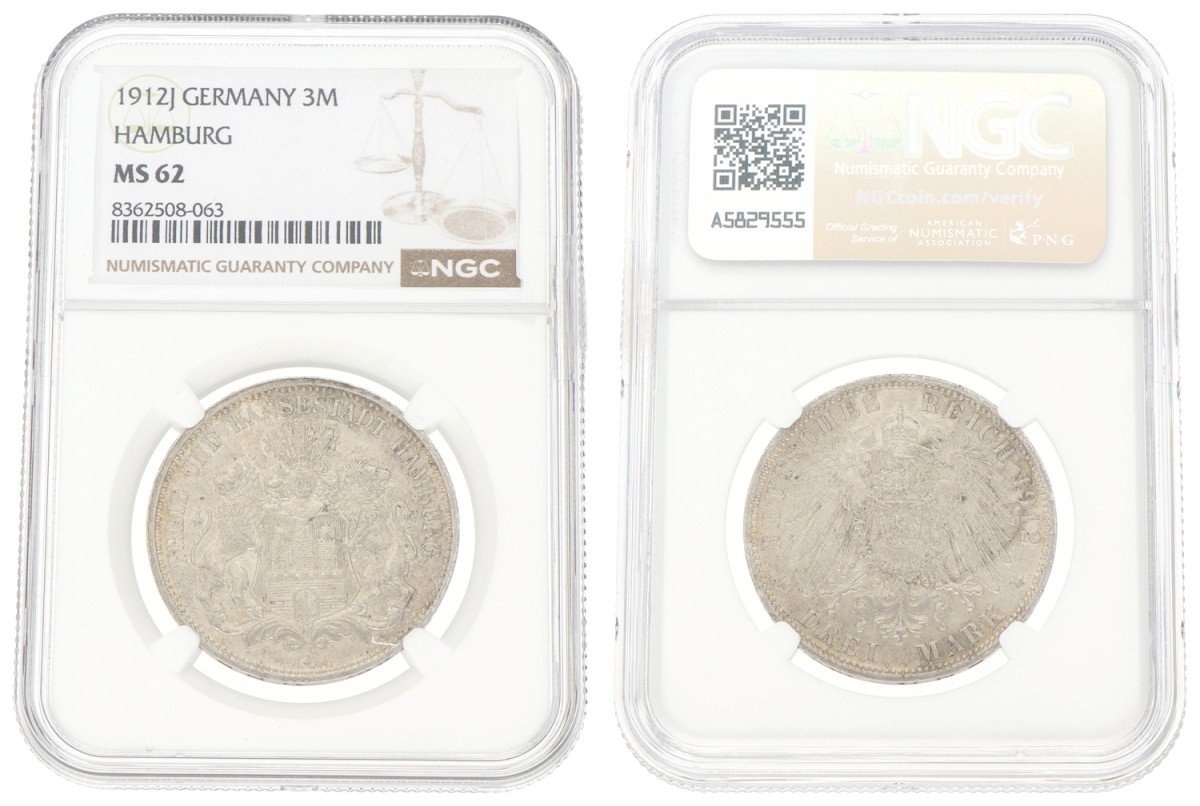 Goudwisselkantoor auction: German states. Hamburg. 3 Mark. 1912J. NGC graded. MS 62