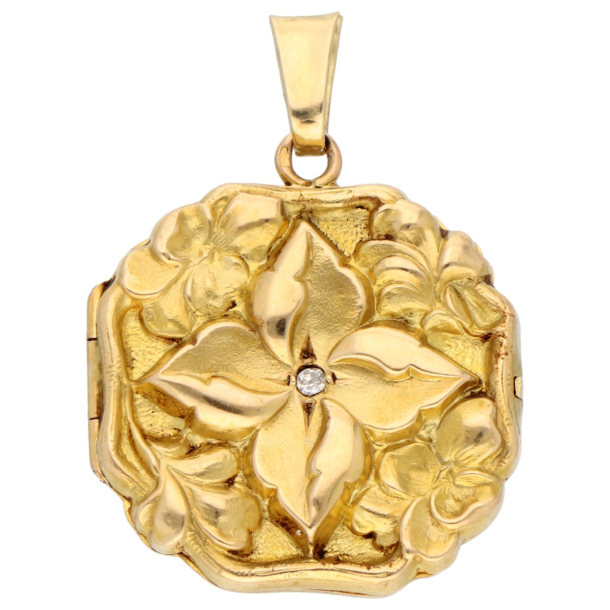 18K Geelgouden vintage medaillon floraal gedecoreerd met diamant