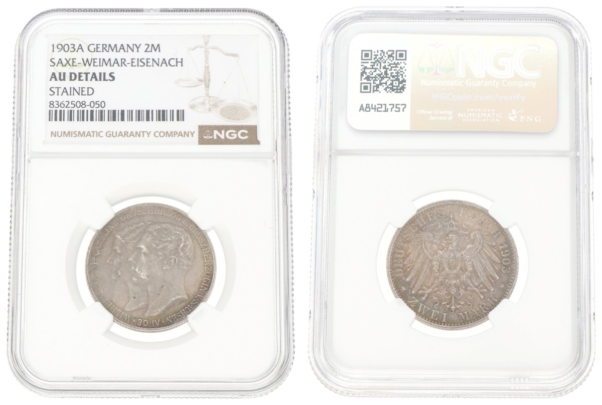Goudwisselkantoor auction: German states. Saxe-Weimar-Eisenach. Wilhelm Ernst. 2 Mark. 1903A. AU details