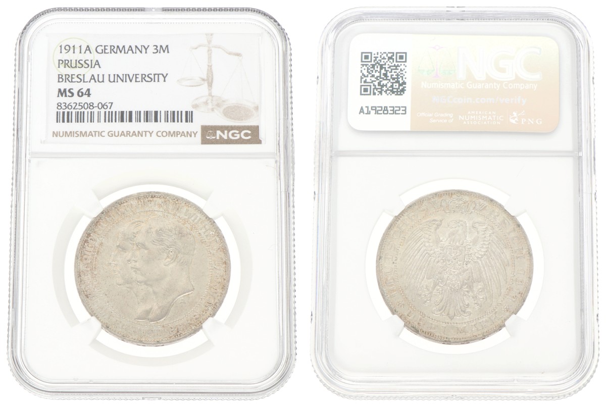 Goudwisselkantoor auction: German States. Prussia. Wilhelm II. 3 Mark - Breslau university. 1911A. NGC graded. MS 64