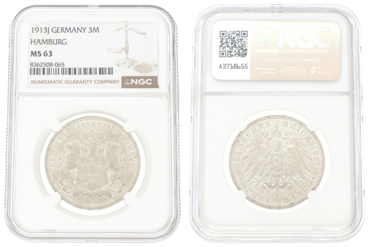 Goudwisselkantoor auction: German states. Hamburg. 3 Mark. 1913J. NGC graded. MS 63