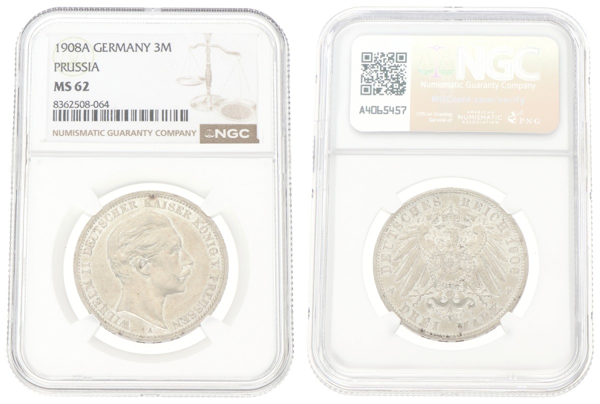 Goudwisselkantoor auction: German states. Prussia. Wilhelm II. 3 Mark. 1908A. NGC graded. MS 62