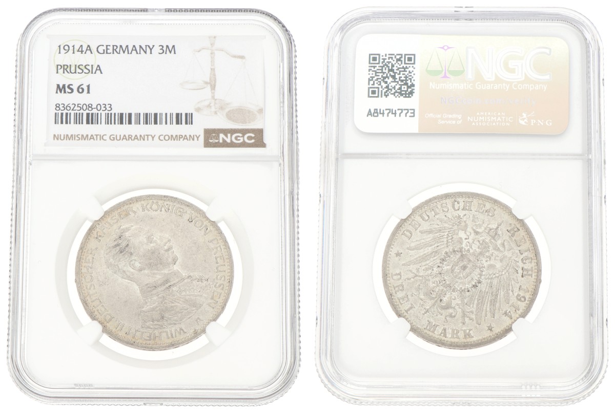Goudwisselkantoor auction: German states. Prussia. Wilhelm II. 3 Mark. 1914A. NGC graded. MS 61