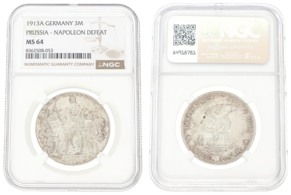 Goudwisselkantoor auction: German states. Prussia. 3 Mark - Völkerschlacht centennial. 1913A. NGC graded. MS 64