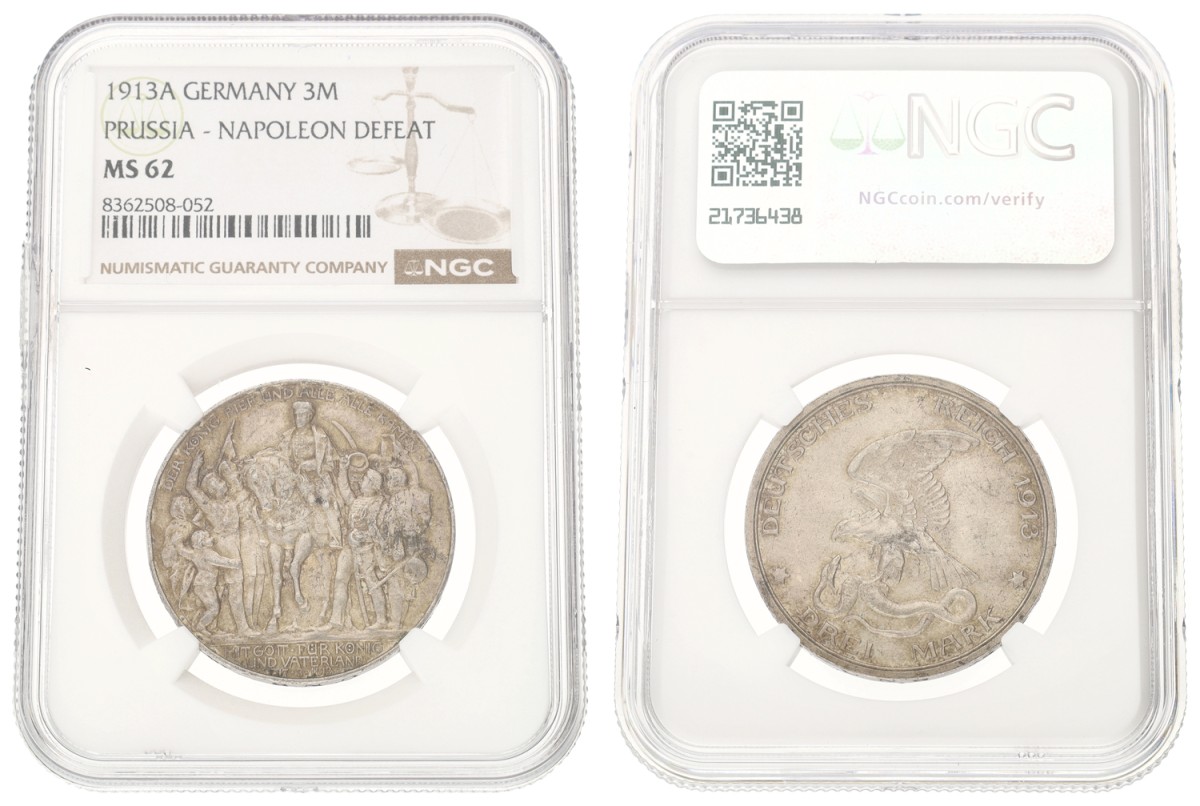 Goudwisselkantoor auction: German states. Prussia. 3 Mark - Völkerschlacht centennial. 1913A. NGC graded. MS 62