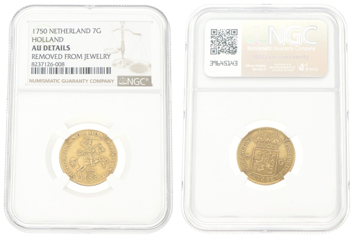 Goudwisselkantoor auction: Halve gouden rijder van 7 gulden. Holland. 1750. NGC graded. AU details