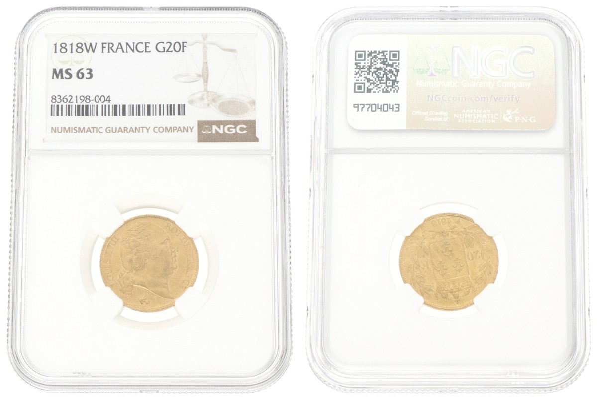 Goudwisselkantoor auction: France. Louis XVIII. 20 Francs. 1818W. NGC graded. MS 63