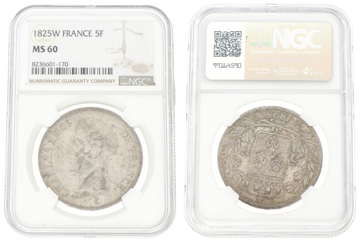 Goudwisselkantoor auction: France. Charles X. 5 Francs. 1825 W. NGC graded. MS 60