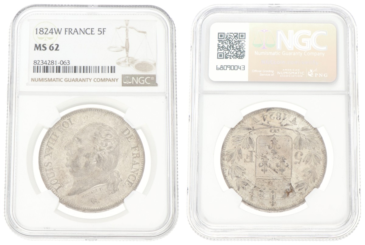 Goudwisselkantoor auction: France. Louis XVIII. 5 Francs. 1824. NGC graded. MS 62