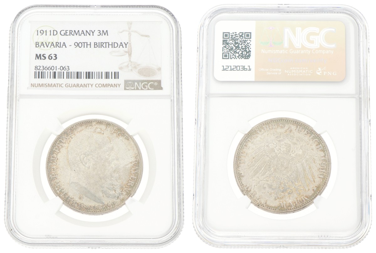 Goudwisselkantoor auction: German states. Bayern. Luitpold. 3 Mark. 1911D. NGC graded. MS 63