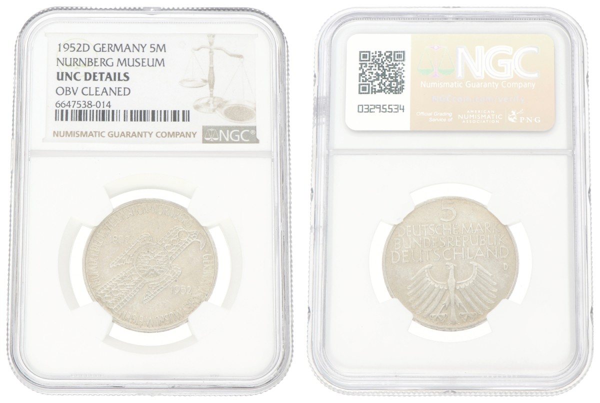 Goudwisselkantoor auction: Germany. 5 Mark - Nurnberg Museum. 1952 D. NGC graded. UNC details