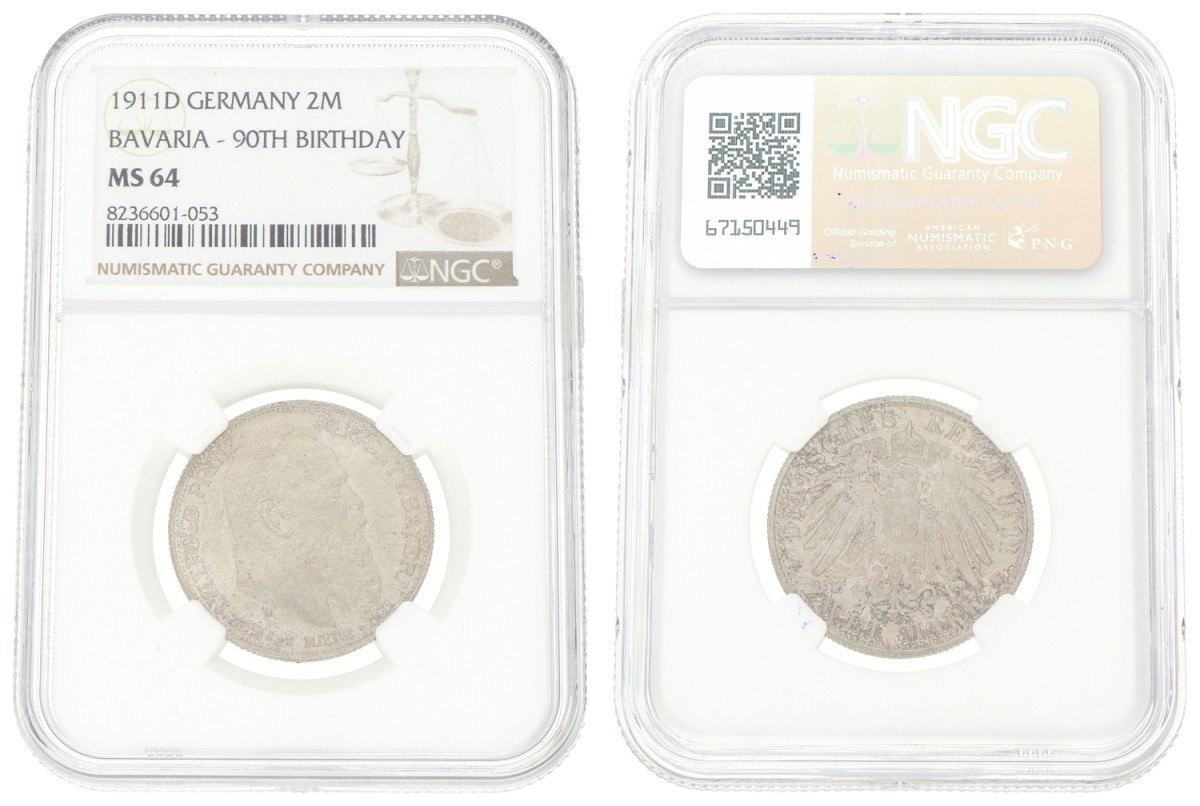 Goudwisselkantoor auction: German states. Bayern. Luitpold. 2 mark - 90th birthday. 1911. NGC graded. MS 64