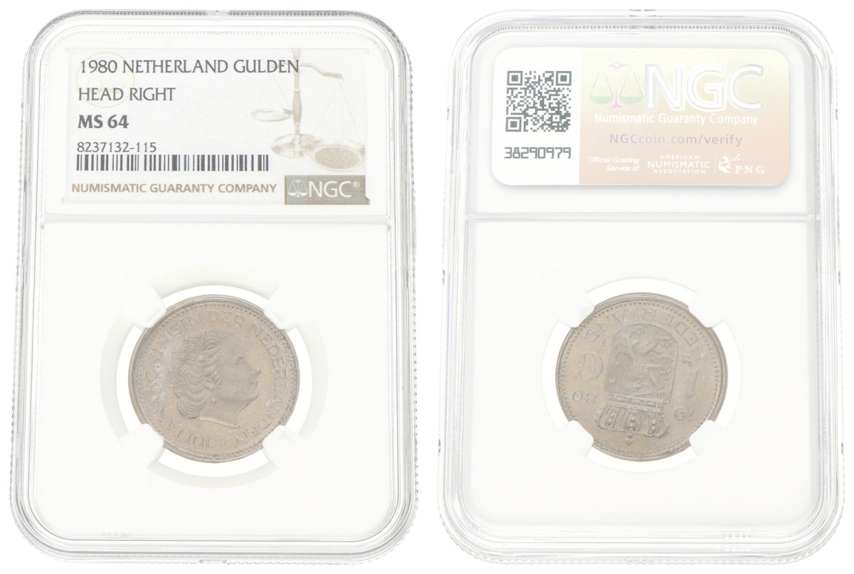 Goudwisselkantoor auction: 1 Gulden. Juliana. 1980. NGC graded. MS 64